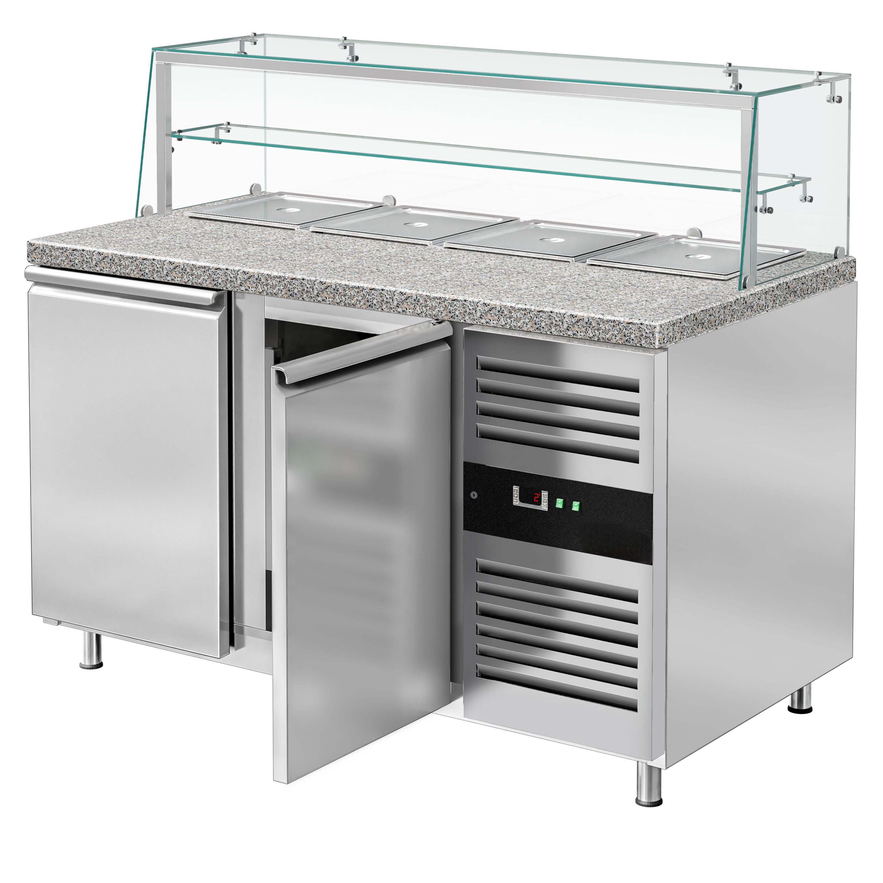 Mesa saladette refrigerada PREMIUM - 1515mm - 390L - 2 puertas macizas - con vitrina de cristal para 4x GN 1/1 & 1 estante - encimera de granito negro OMF STS1500NOD#GSSTS1500O