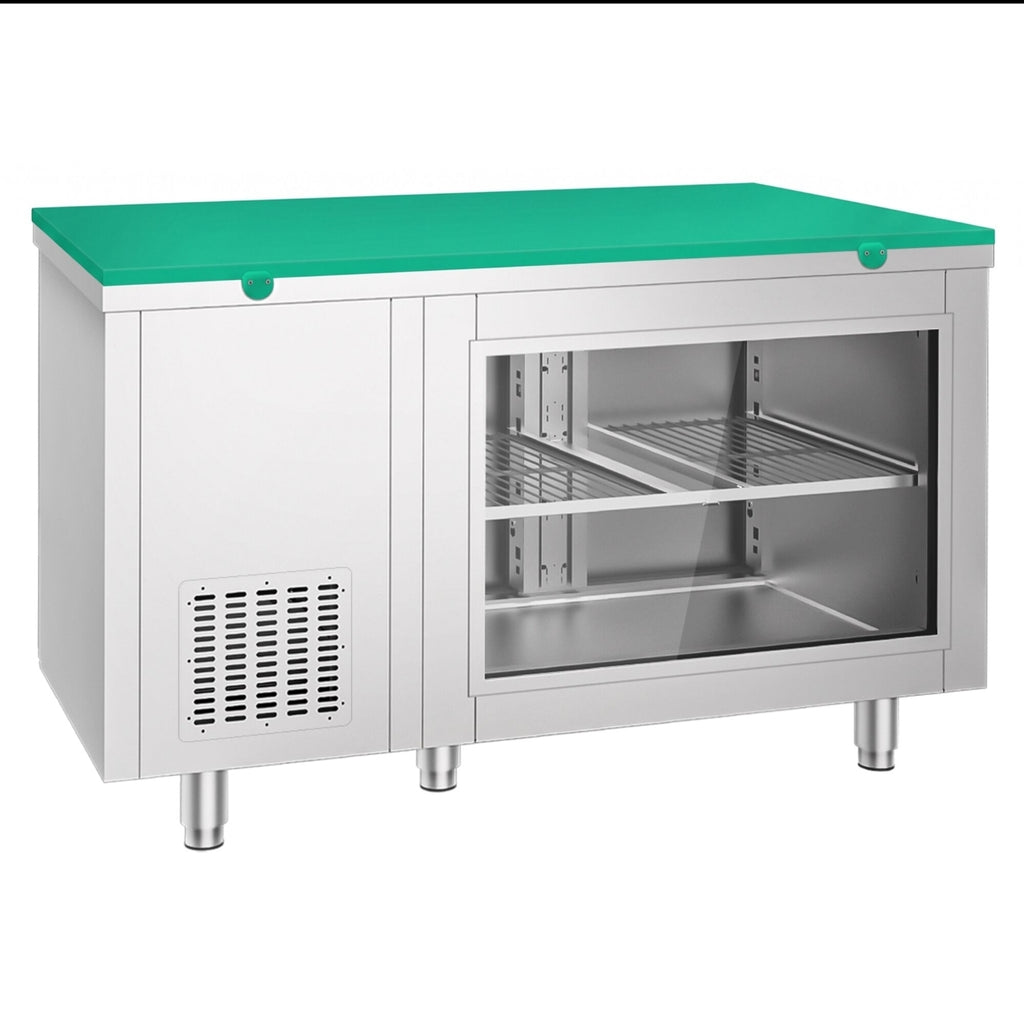 Mesa refrigerada - 1400 x 700 mm - 2 puertas en la parte trasera - con frente de cristal - incluye tabla de corte verde KTGFF147D#SBG