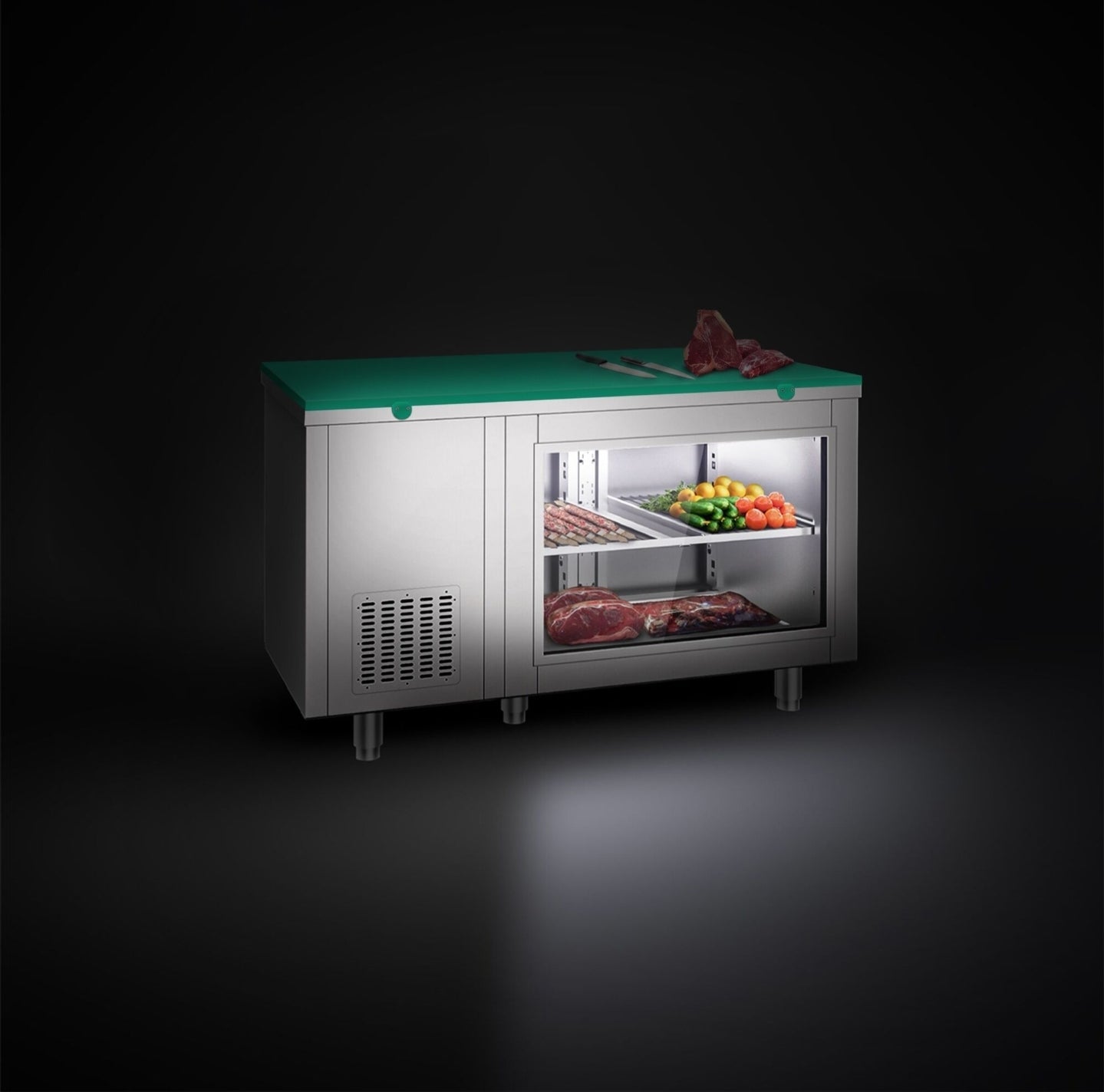 Mesa refrigerada - 1400 x 700 mm - 2 puertas en la parte trasera - con frente de cristal - incluye tabla de corte verde KTGFF147D#SBG