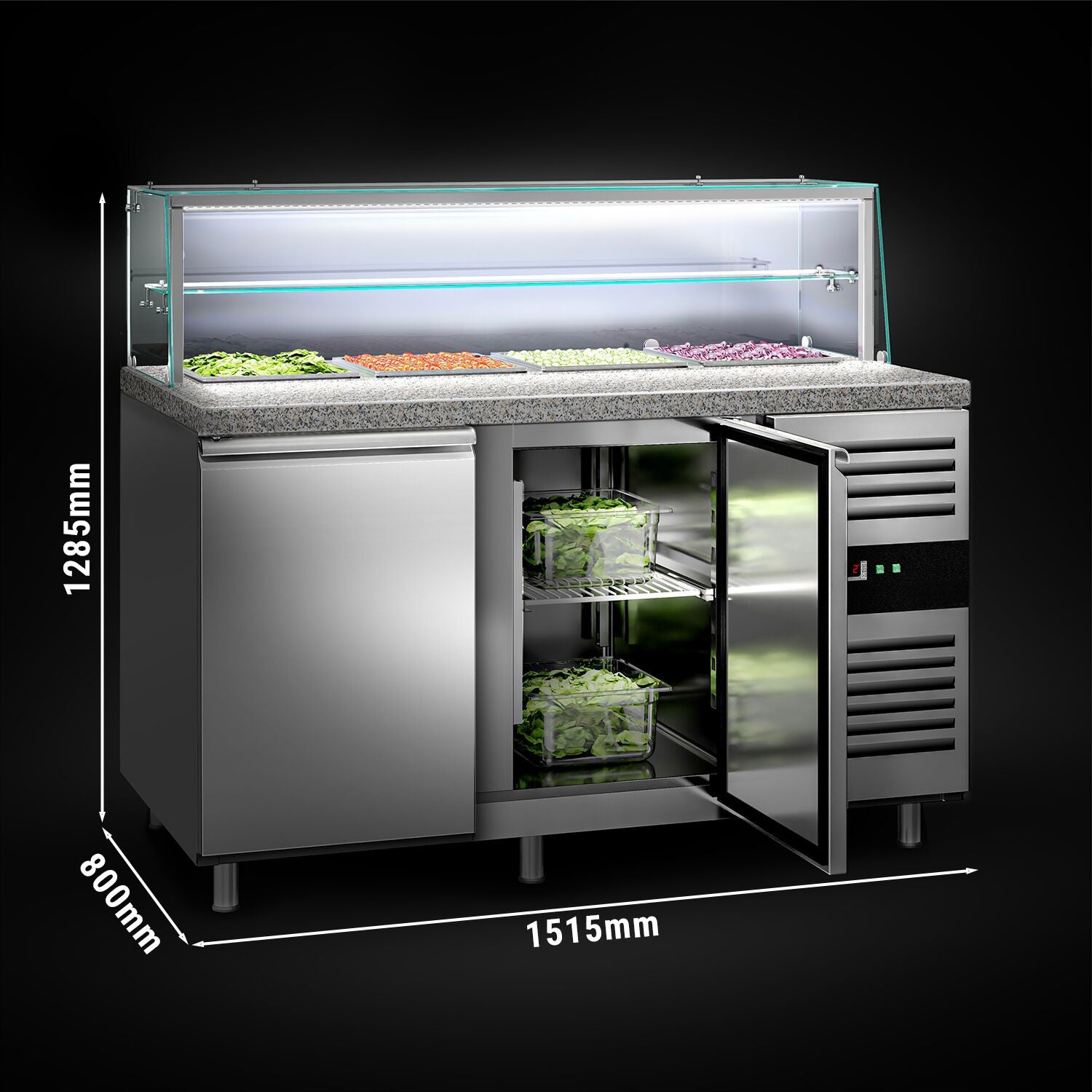 Mesa saladette refrigerada PREMIUM - 1515mm - 390L - 2 puertas macizas - con vitrina de cristal para 4x GN 1/1 & 1 estante - encimera de granito negro OMF STS1500NOD#GSSTS1500O