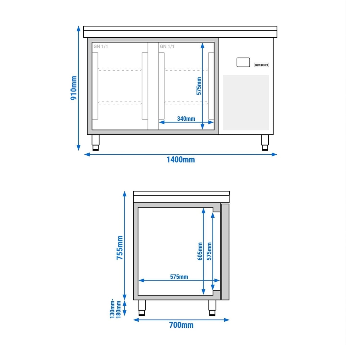 Mesa refrigerada - 1400 x 700 mm - 2 puertas en la parte trasera - con frente de cristal - incluye tabla de corte verde KTGFF147D#SBG