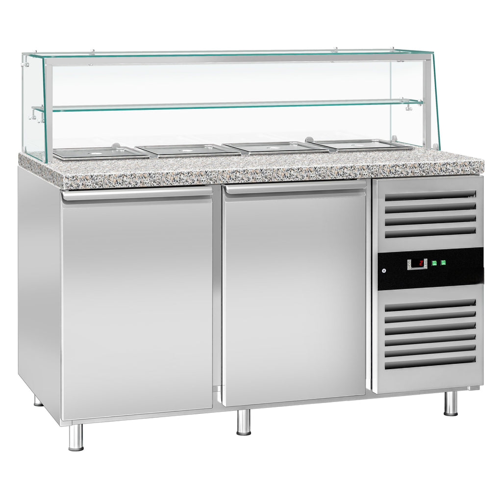 Mesa saladette refrigerada PREMIUM - 1515mm - 390L - 2 puertas macizas - con vitrina de cristal para 4x GN 1/1 & 1 estante - encimera de granito negro OMF STS1500NOD#GSSTS1500O