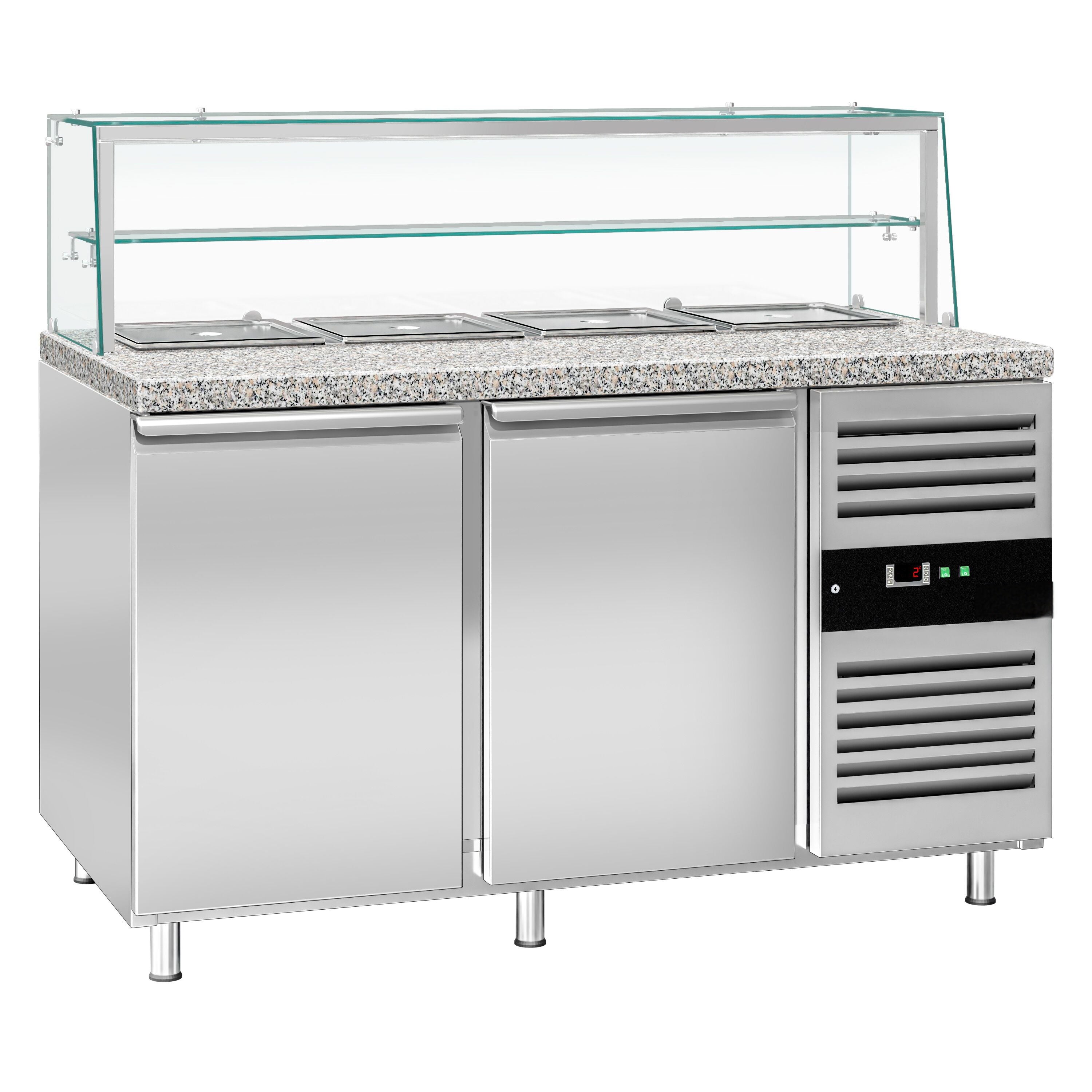 Mesa saladette refrigerada PREMIUM - 1515mm - 390L - 2 puertas macizas - con vitrina de cristal para 4x GN 1/1 & 1 estante - encimera de granito negro OMF STS1500NOD#GSSTS1500O