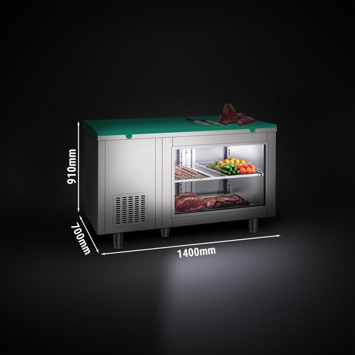 Mesa refrigerada - 1400 x 700 mm - 2 puertas en la parte trasera - con frente de cristal - incluye tabla de corte verde KTGFF147D#SBG