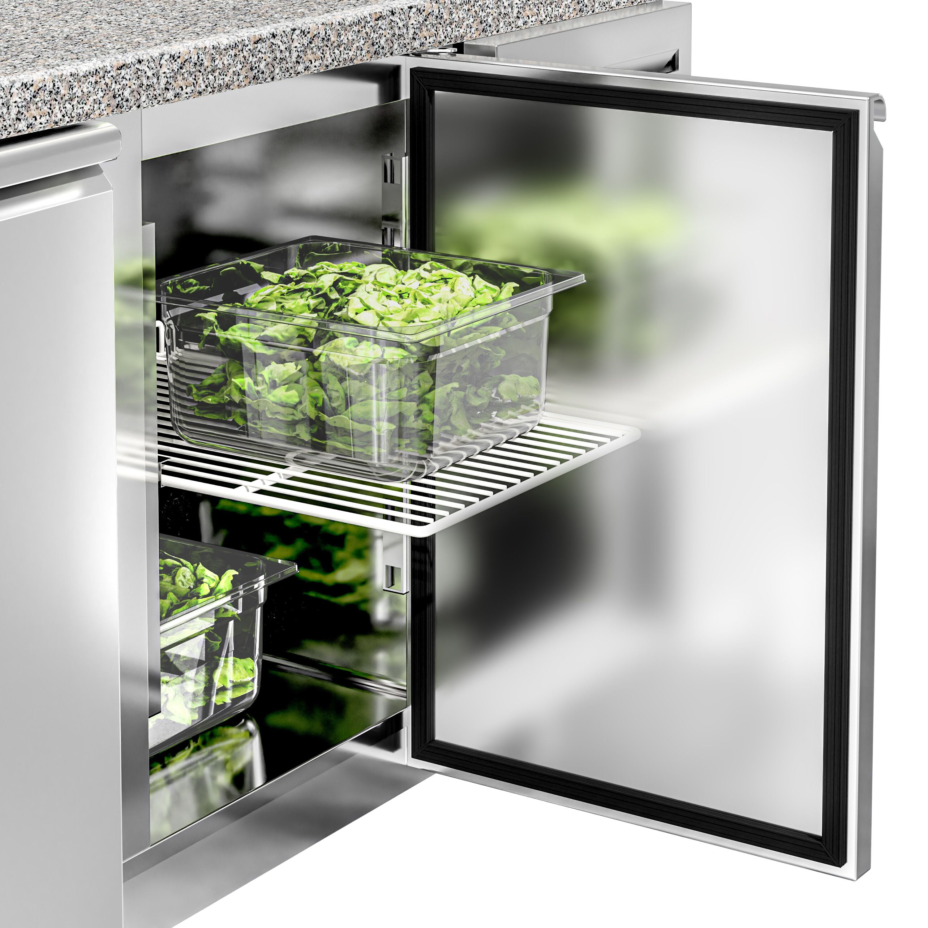 Mesa saladette refrigerada PREMIUM - 1515mm - 390L - 2 puertas macizas - con vitrina de cristal para 4x GN 1/1 & 1 estante - encimera de granito negro OMF STS1500NOD#GSSTS1500O