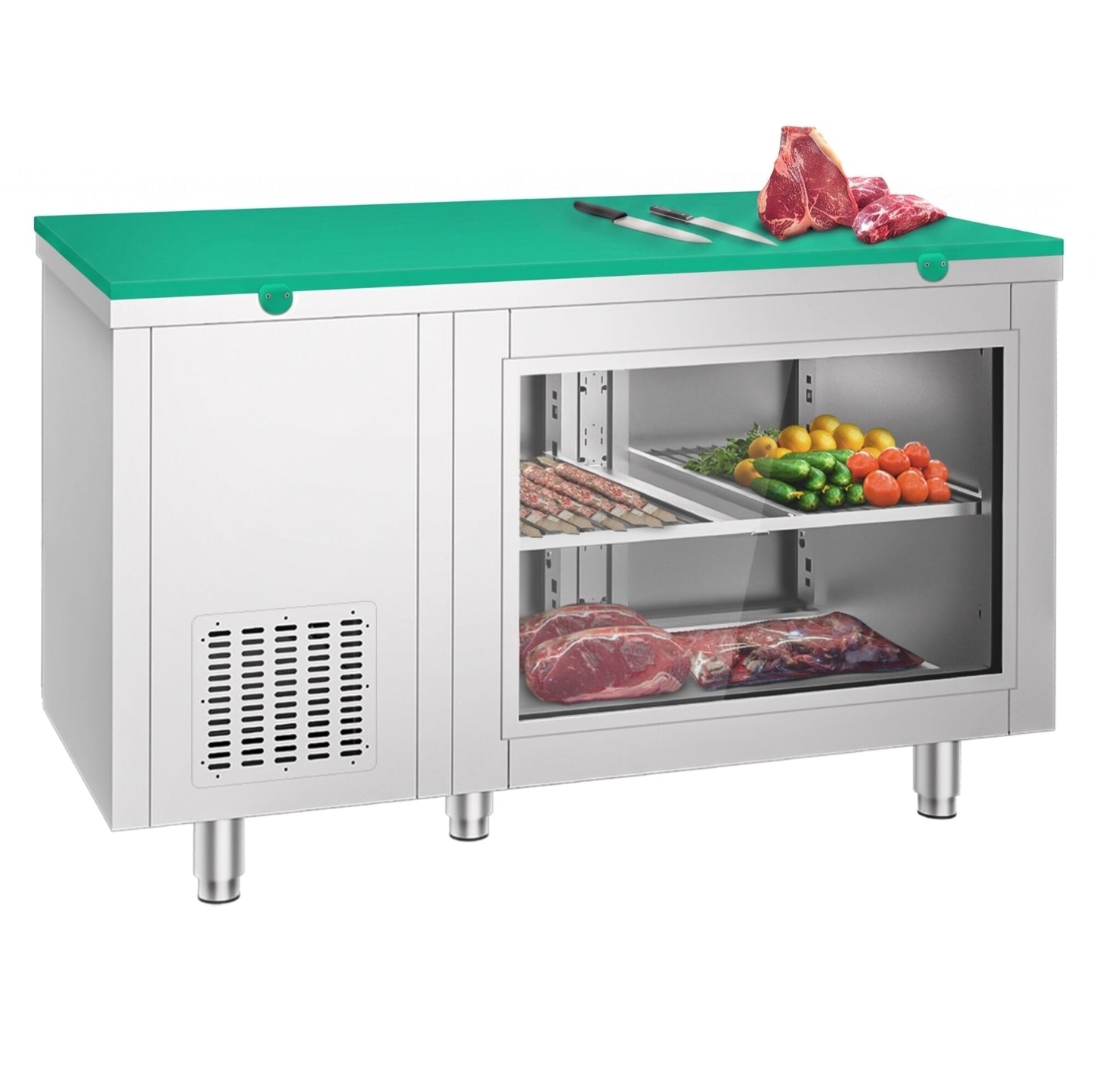Mesa refrigerada - 1400 x 700 mm - 2 puertas en la parte trasera - con frente de cristal - incluye tabla de corte verde KTGFF147D#SBG