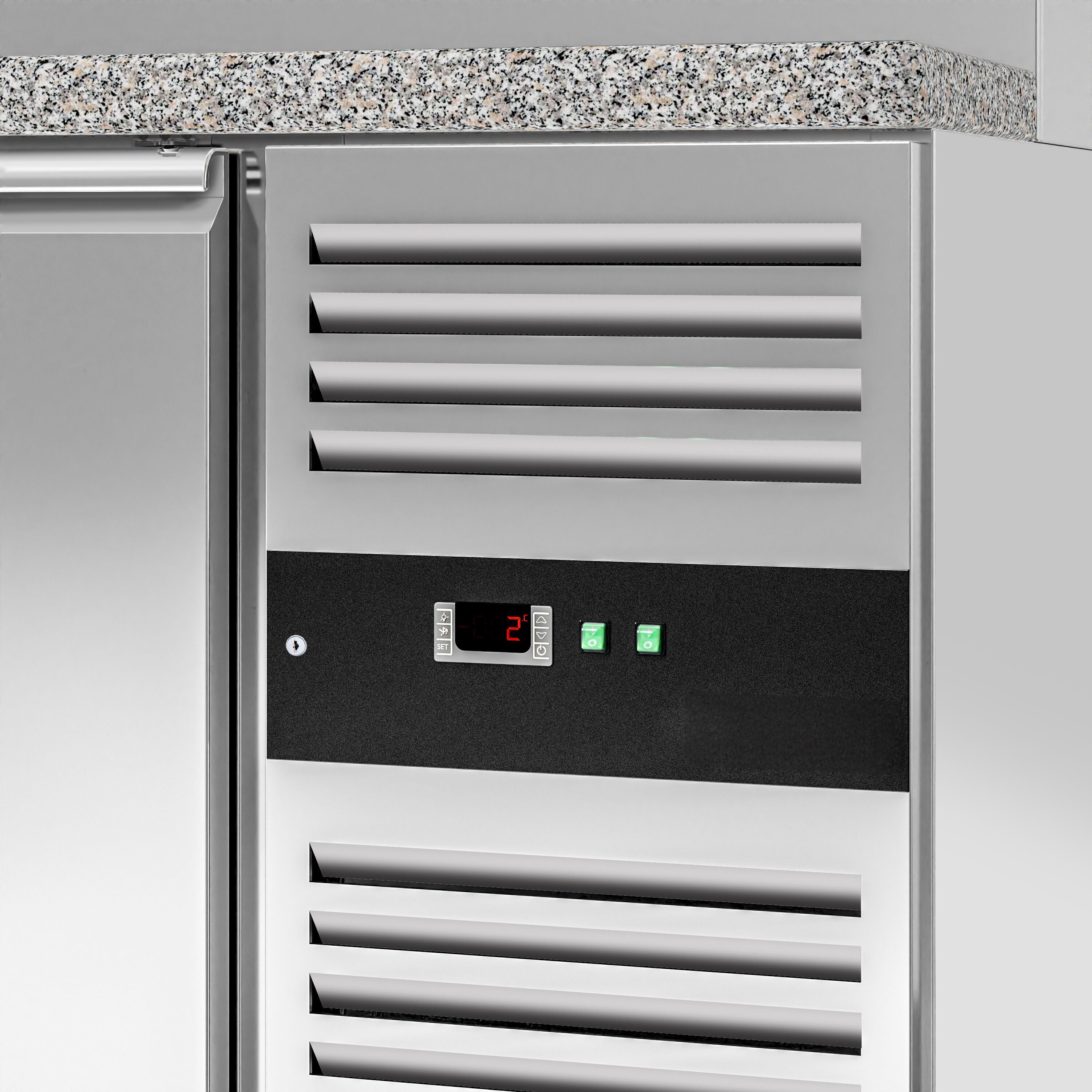 Mesa saladette refrigerada PREMIUM - 1515mm - 390L - 2 puertas macizas - con vitrina de cristal para 4x GN 1/1 & 1 estante - encimera de granito negro OMF STS1500NOD#GSSTS1500O