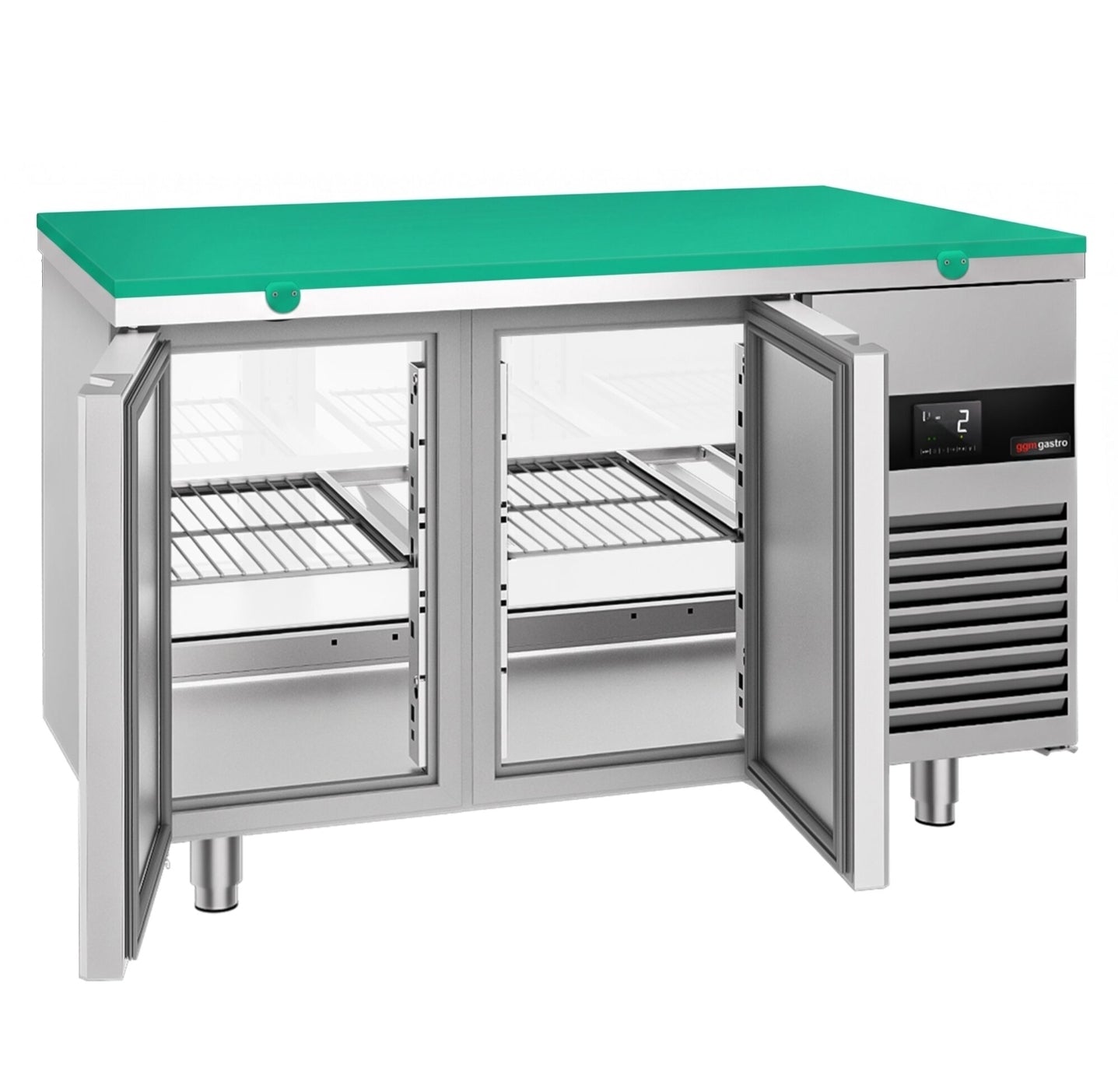 Mesa refrigerada - 1400 x 700 mm - 2 puertas en la parte trasera - con frente de cristal - incluye tabla de corte verde KTGFF147D#SBG
