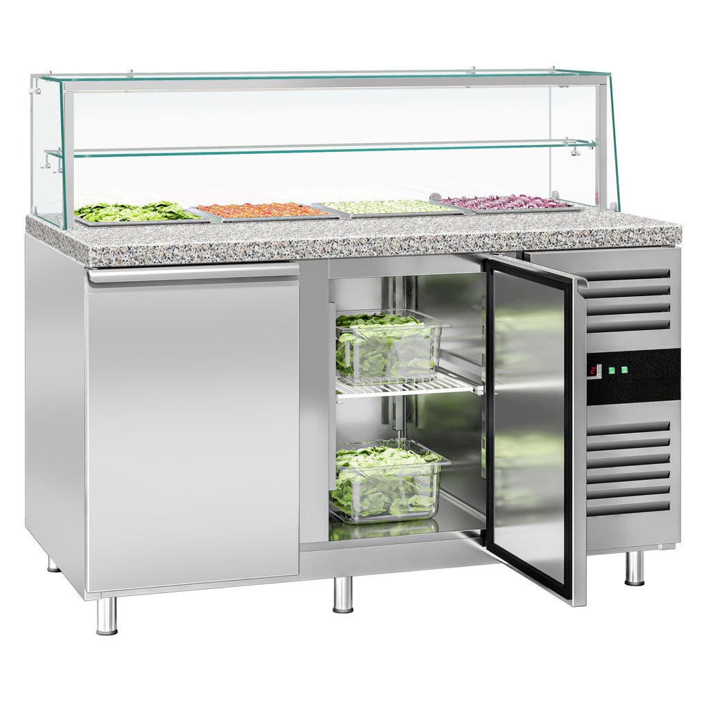 Mesa saladette refrigerada PREMIUM - 1515mm - 390L - 2 puertas macizas - con vitrina de cristal para 4x GN 1/1 & 1 estante - encimera de granito negro OMF STS1500NOD#GSSTS1500O