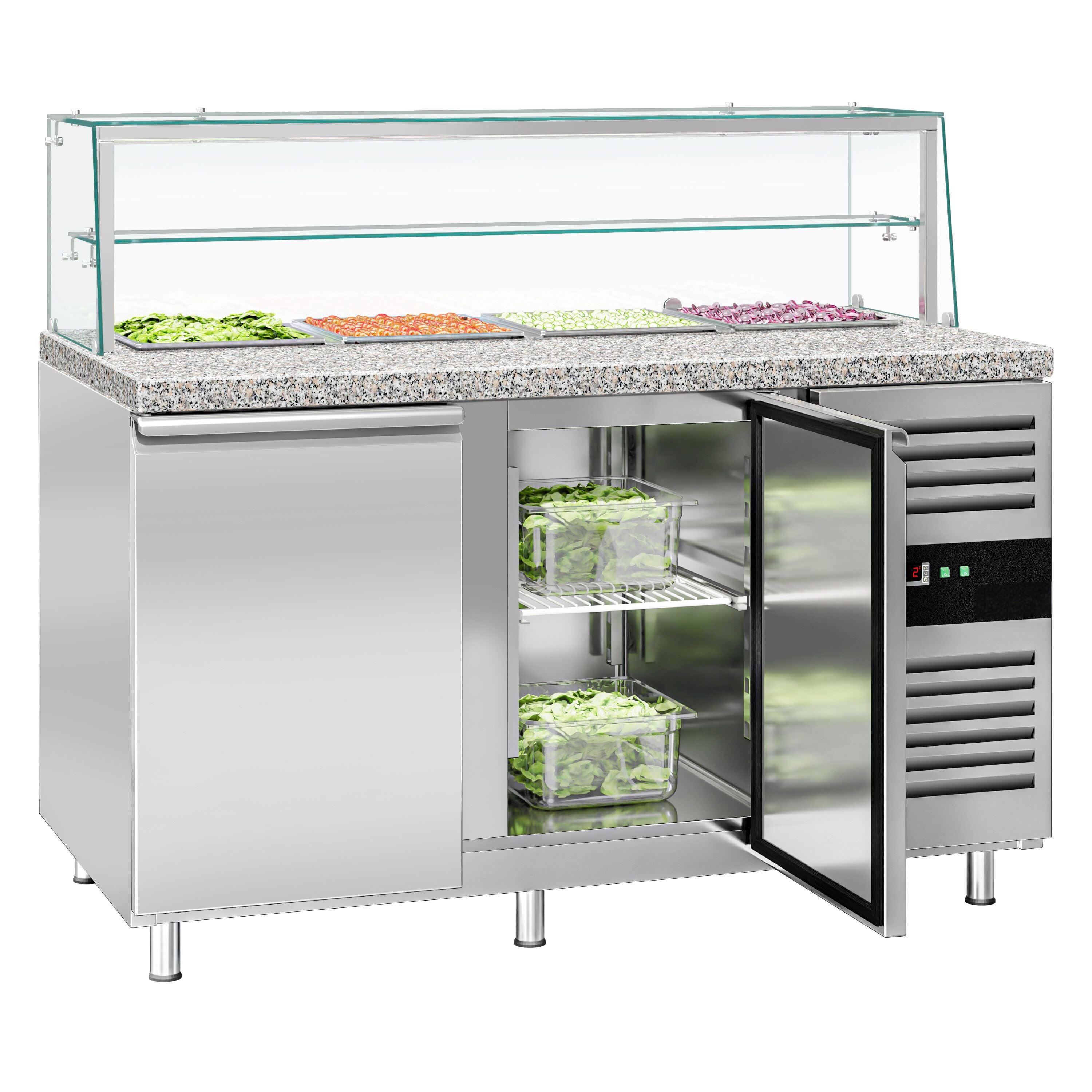 Mesa saladette refrigerada PREMIUM - 1515mm - 390L - 2 puertas macizas - con vitrina de cristal para 4x GN 1/1 & 1 estante - encimera de granito negro OMF STS1500NOD#GSSTS1500O