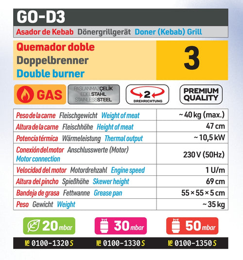 Asador de kebab CEYLAN GO-D3 – gas natural 20 mbar
Artículo n.° 0100-1320