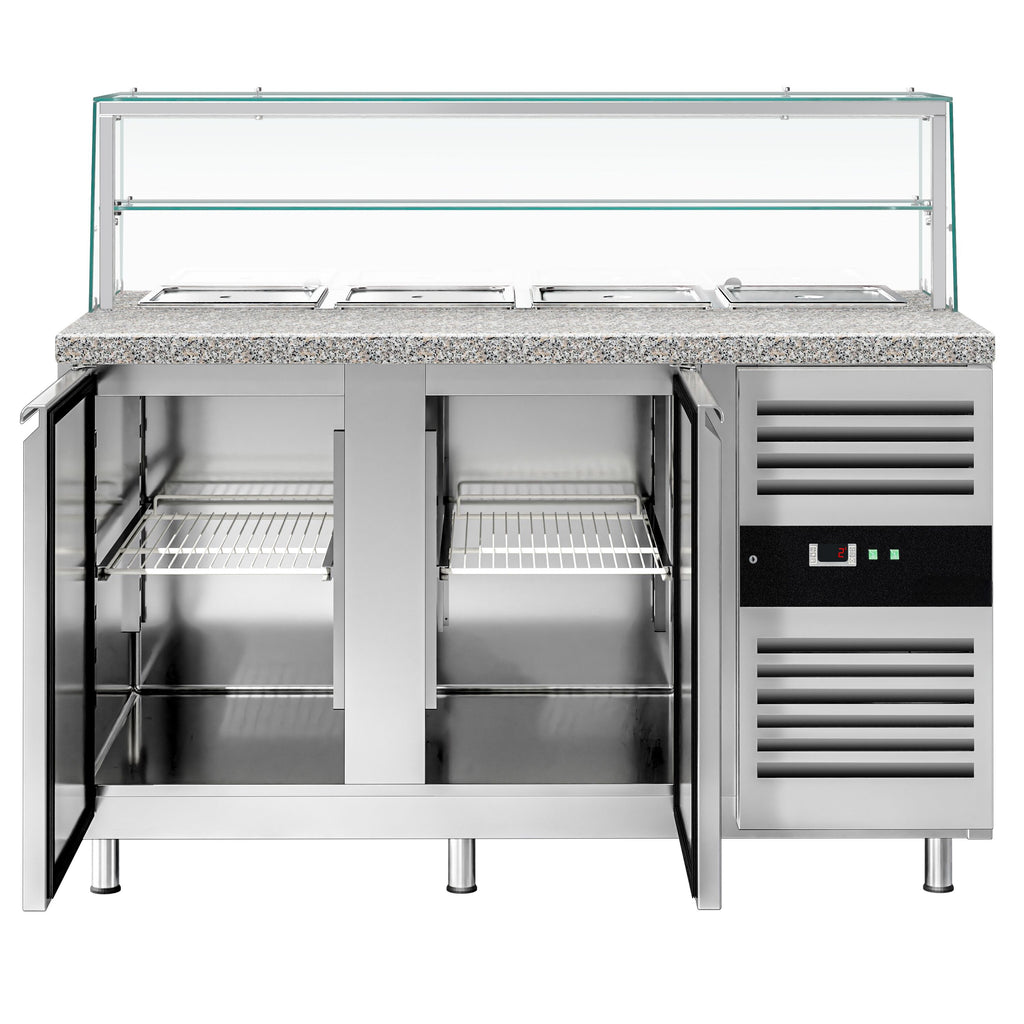 Mesa saladette refrigerada PREMIUM - 1515mm - 390L - 2 puertas macizas - con vitrina de cristal para 4x GN 1/1 & 1 estante - encimera de granito negro OMF STS1500NOD#GSSTS1500O