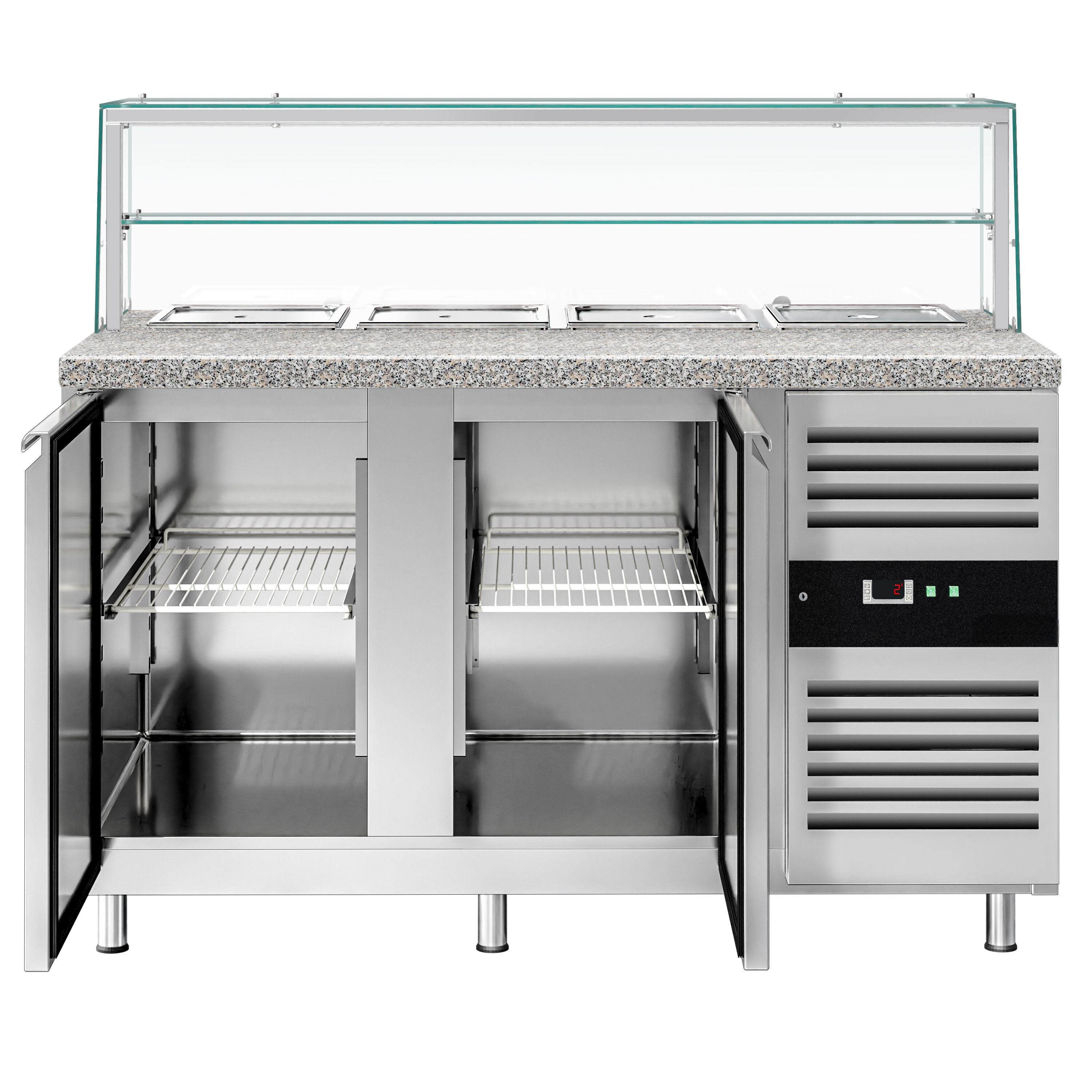 Mesa saladette refrigerada PREMIUM - 1515mm - 390L - 2 puertas macizas - con vitrina de cristal para 4x GN 1/1 & 1 estante - encimera de granito negro OMF STS1500NOD#GSSTS1500O