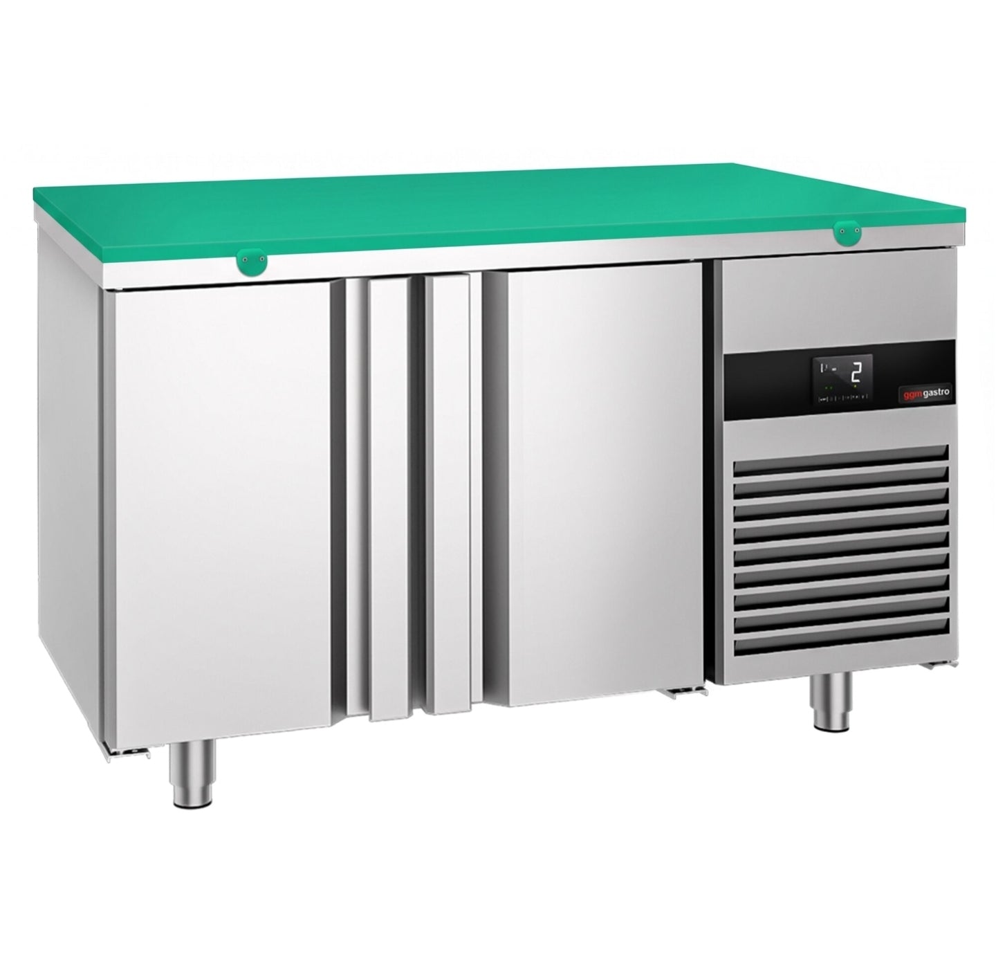 Mesa refrigerada - 1400 x 700 mm - 2 puertas en la parte trasera - con frente de cristal - incluye tabla de corte verde KTGFF147D#SBG