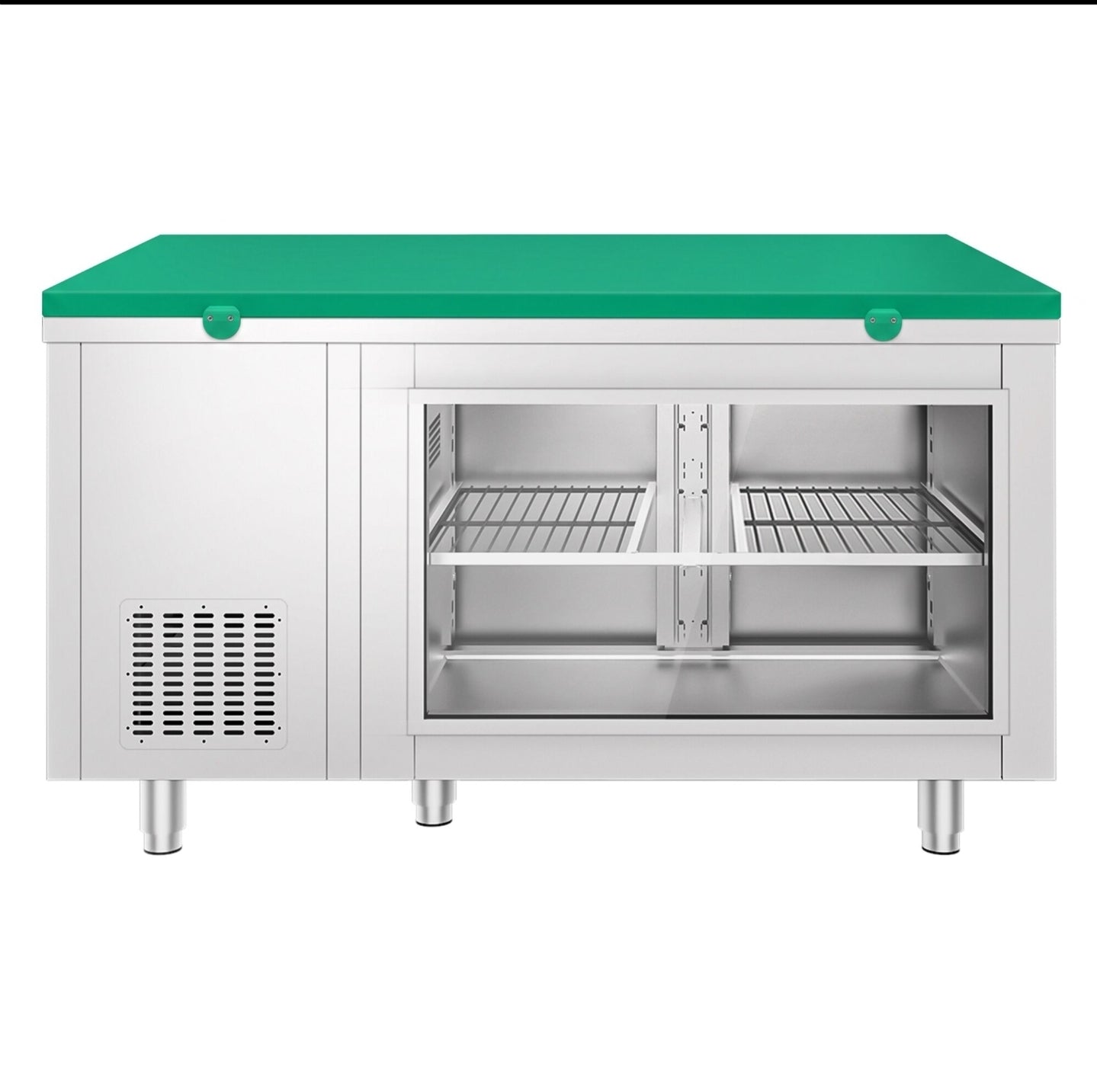Mesa refrigerada - 1400 x 700 mm - 2 puertas en la parte trasera - con frente de cristal - incluye tabla de corte verde KTGFF147D#SBG