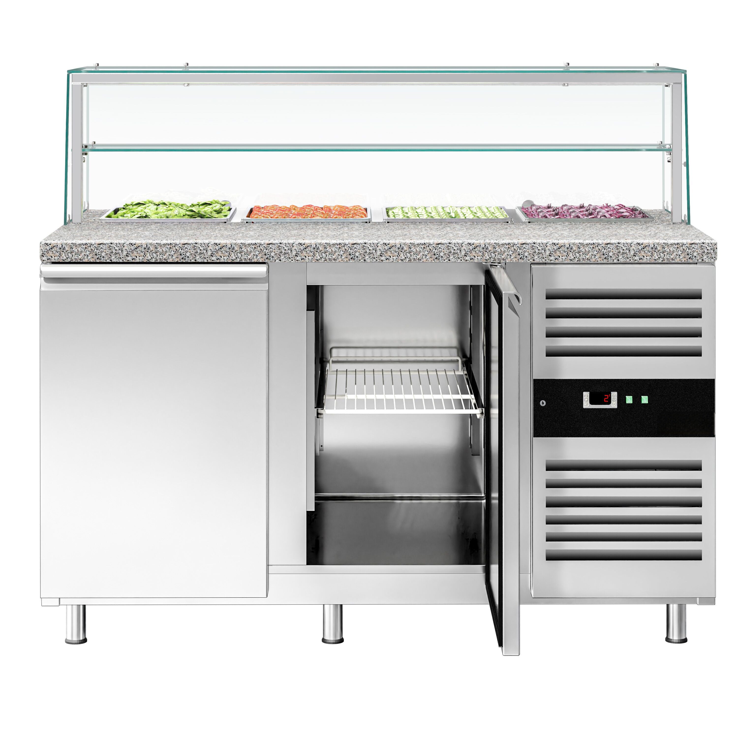 Mesa saladette refrigerada PREMIUM - 1515mm - 390L - 2 puertas macizas - con vitrina de cristal para 4x GN 1/1 & 1 estante - encimera de granito negro OMF STS1500NOD#GSSTS1500O