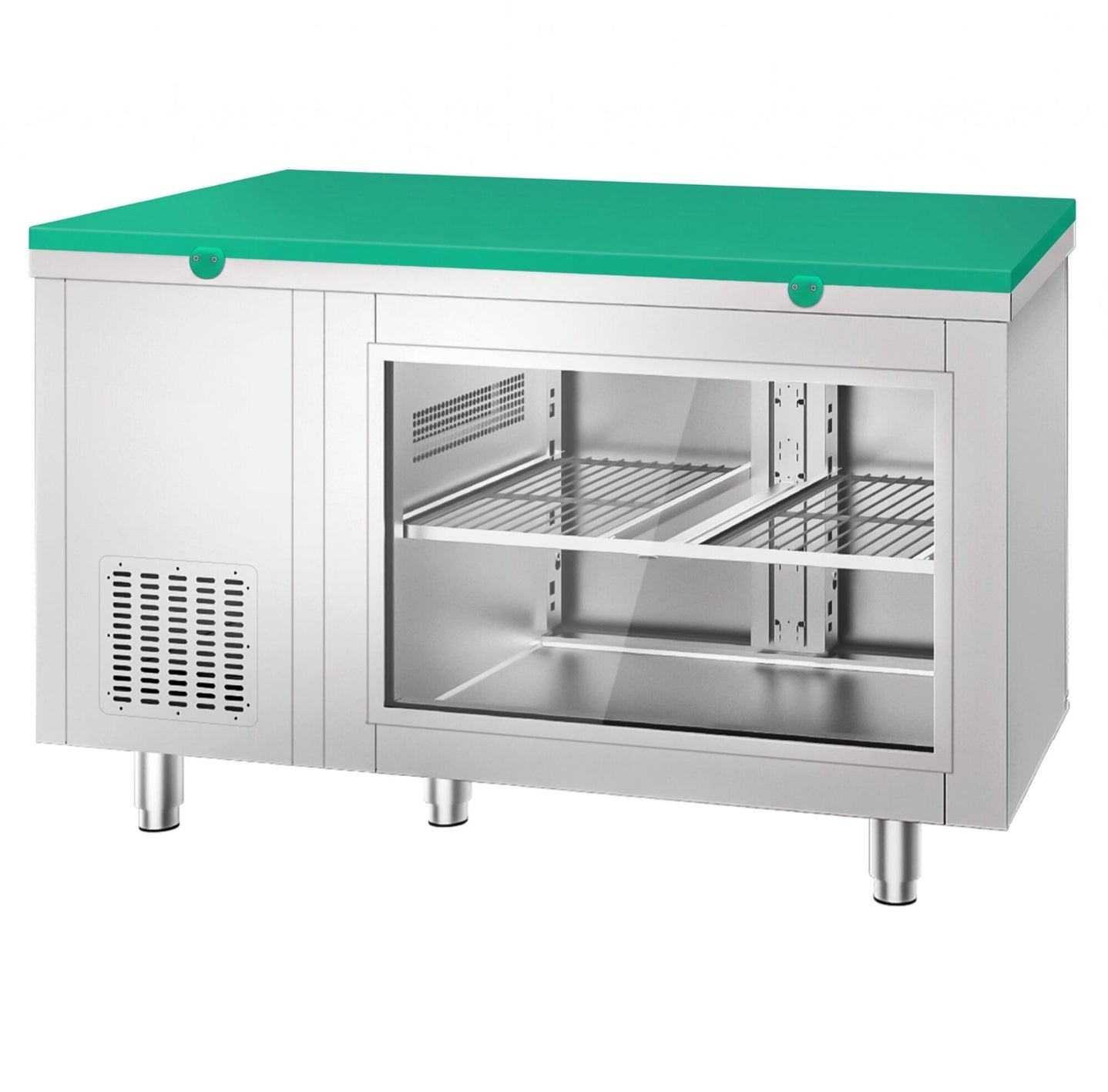 Mesa refrigerada - 1400 x 700 mm - 2 puertas en la parte trasera - con frente de cristal - incluye tabla de corte verde KTGFF147D#SBG
