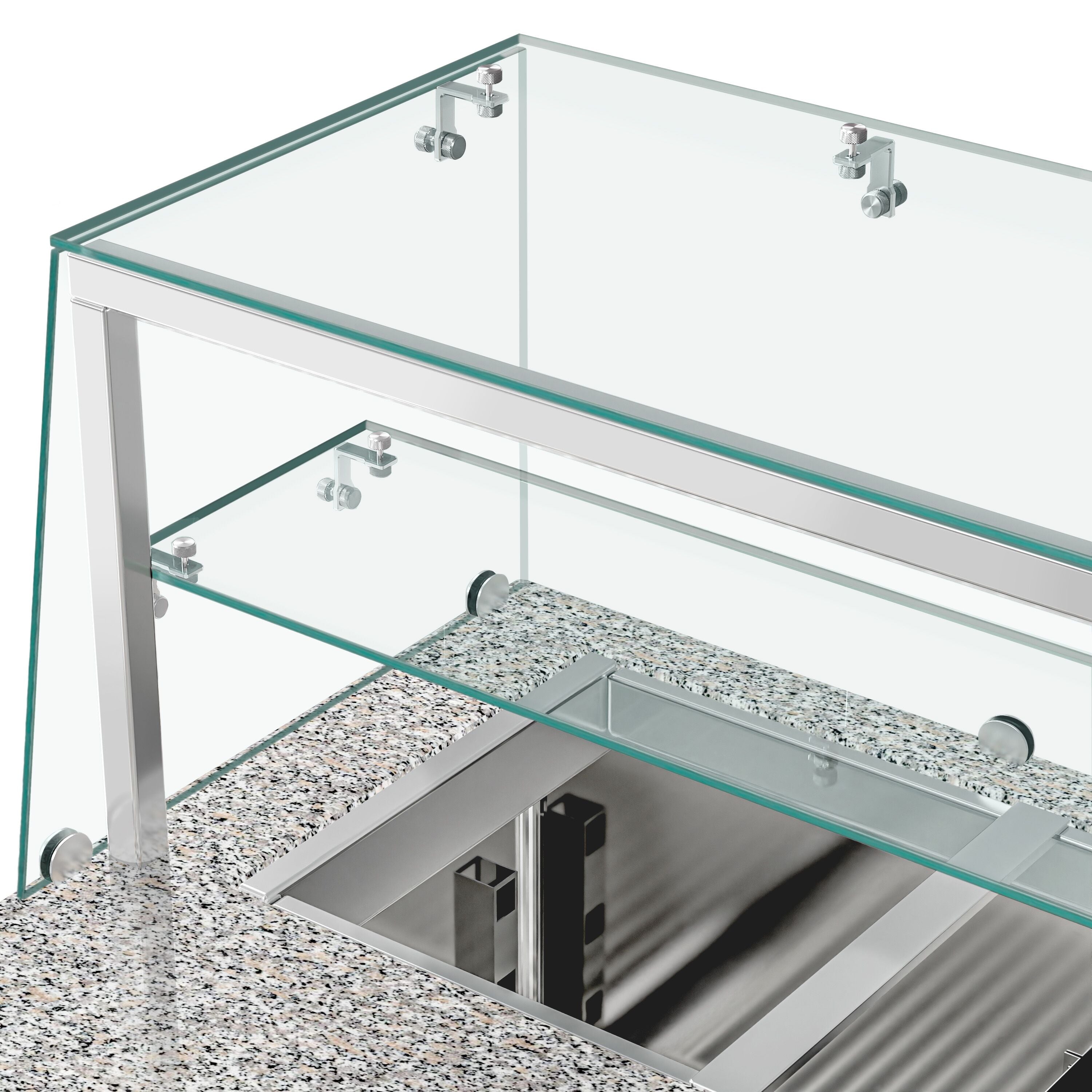 Mesa saladette refrigerada PREMIUM - 1515mm - 390L - 2 puertas macizas - con vitrina de cristal para 4x GN 1/1 & 1 estante - encimera de granito negro OMF STS1500NOD#GSSTS1500O